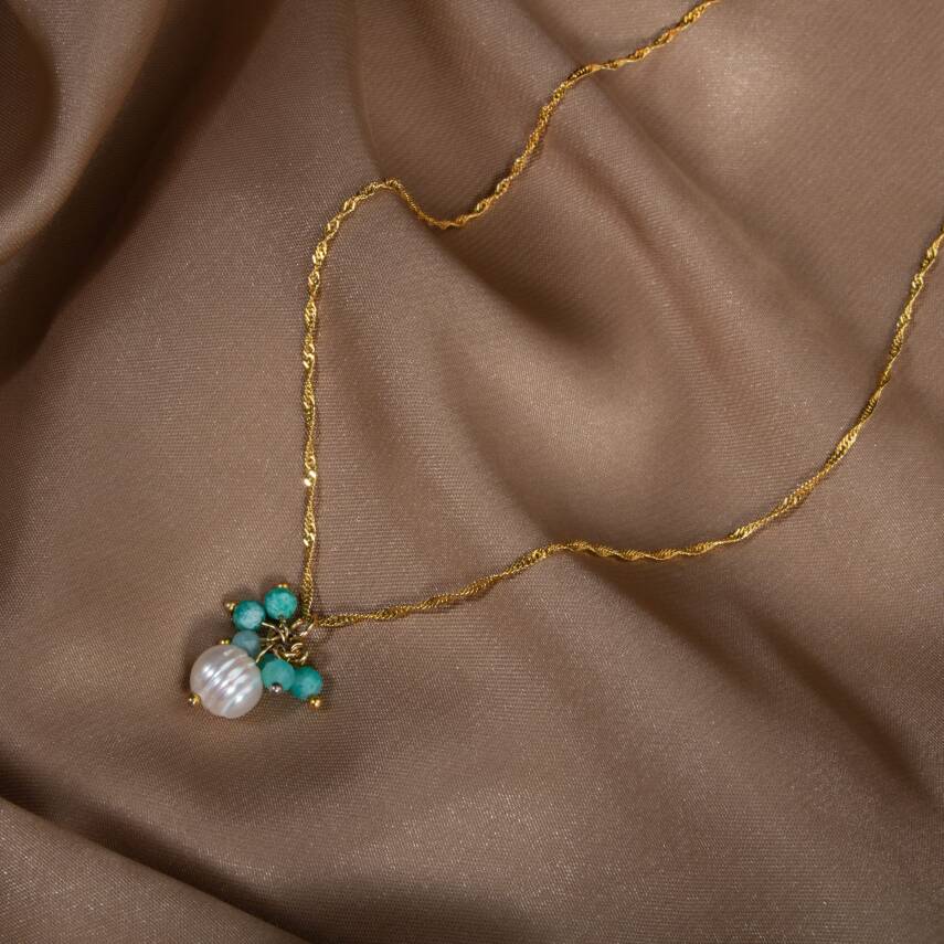 İnci-Amazonit Doğal Taş Gümüş Kolye - 9