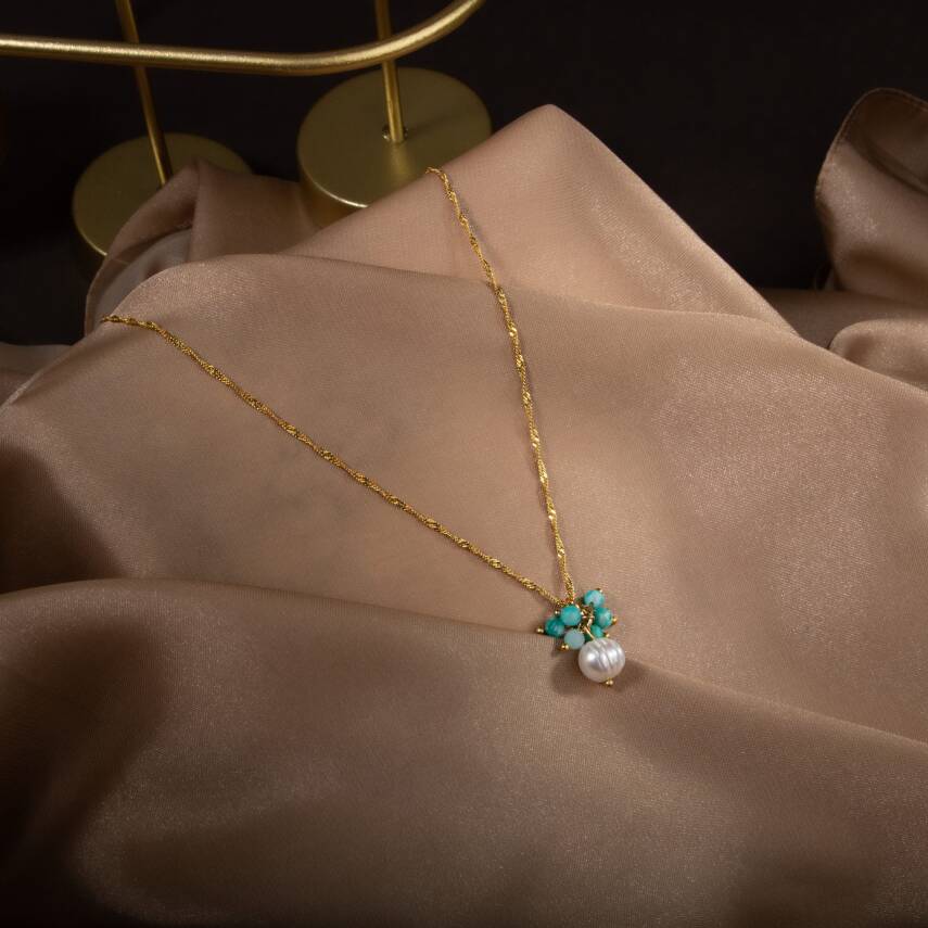 İnci-Amazonit Doğal Taş Gümüş Kolye - 10