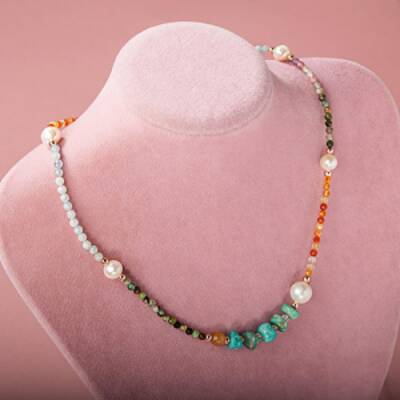 İnci-Amazonit-Turuncu Aventurin-Karnelyan Akik-Akuamarin-Renkli Turmalin-Krizopras Doğal Taş Kolye - 2