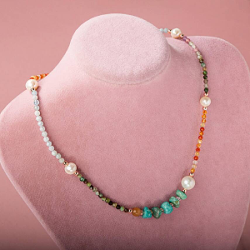 İnci-Amazonit-Turuncu Aventurin-Karnelyan Akik-Akuamarin-Renkli Turmalin-Krizopras Doğal Taş Kolye - 2