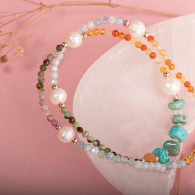 İnci-Amazonit-Turuncu Aventurin-Karnelyan Akik-Akuamarin-Renkli Turmalin-Krizopras Doğal Taş Kolye - 4