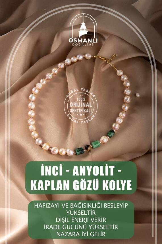 İnci-Anyolit-Kaplan Gözü Doğal Taş Gümüş Kolye - 1