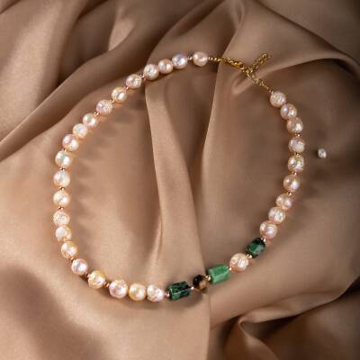 İnci-Anyolit-Kaplan Gözü Doğal Taş Gümüş Kolye - 2