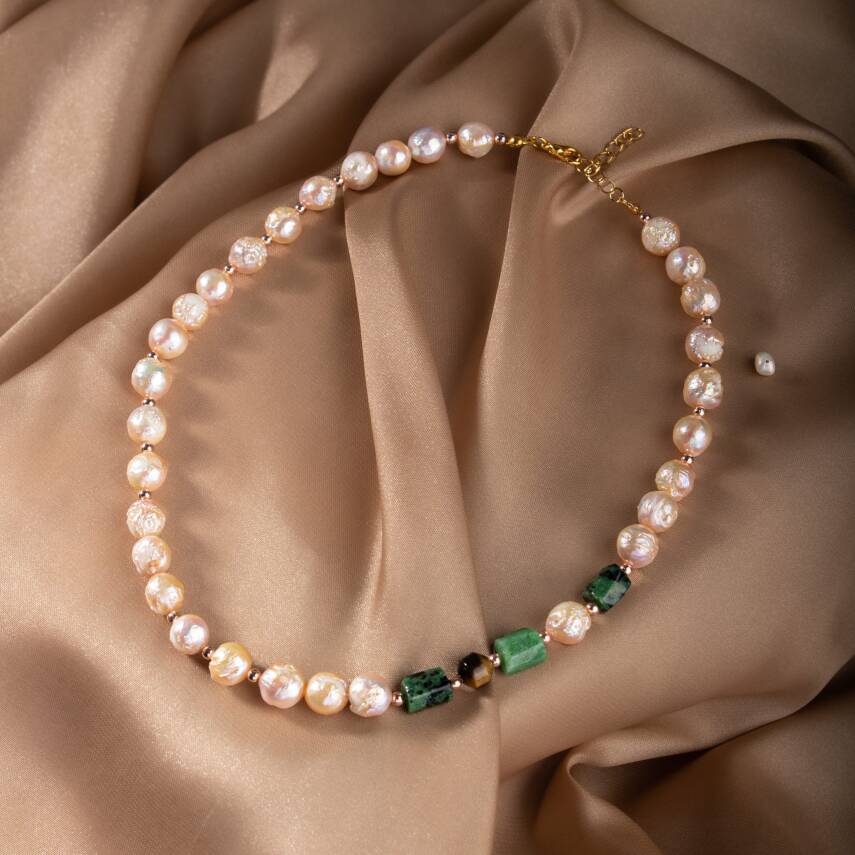 İnci-Anyolit-Kaplan Gözü Doğal Taş Gümüş Kolye - 2