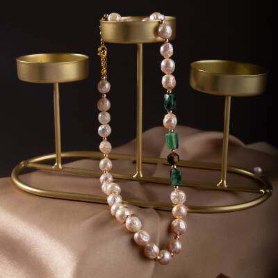 İnci-Anyolit-Kaplan Gözü Doğal Taş Gümüş Kolye - 3