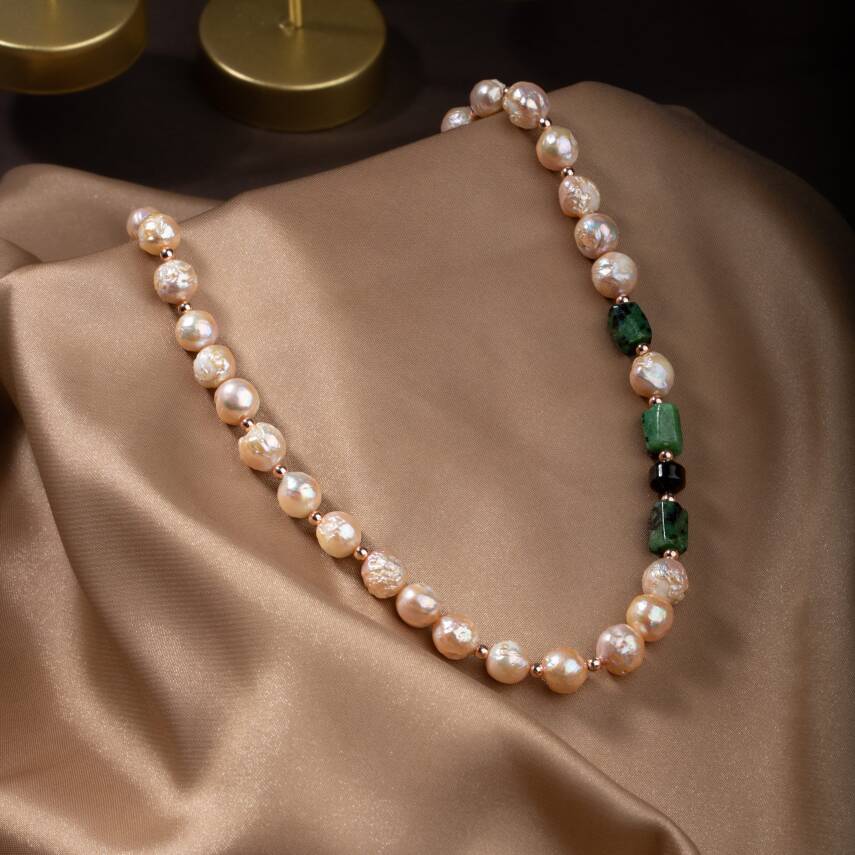 İnci-Anyolit-Kaplan Gözü Doğal Taş Gümüş Kolye - 4