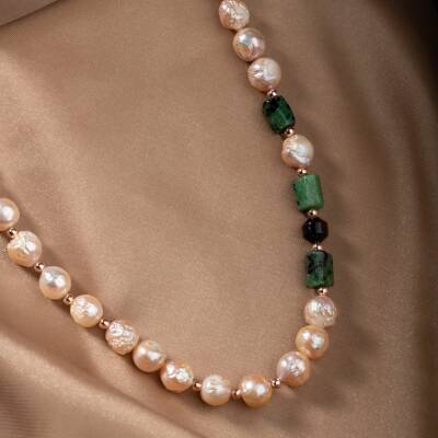 İnci-Anyolit-Kaplan Gözü Doğal Taş Gümüş Kolye - 5