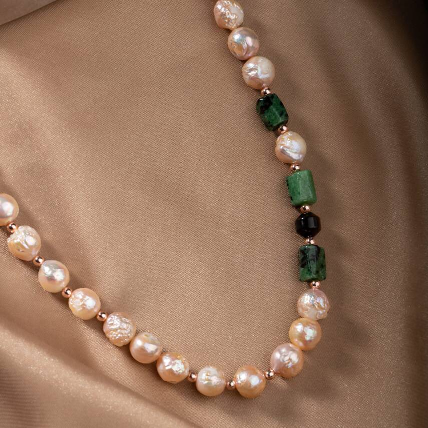 İnci-Anyolit-Kaplan Gözü Doğal Taş Gümüş Kolye - 5