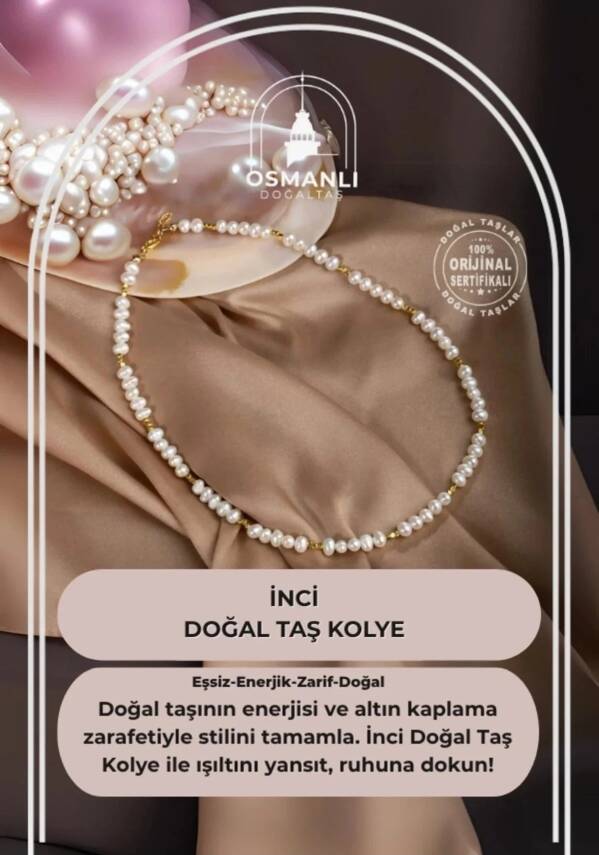 İnci Doğal Taş Altın Kaplama Kapama Kolye - 2
