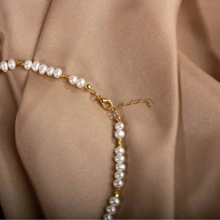 İnci Doğal Taş Altın Kaplama Kapama Kolye - 4