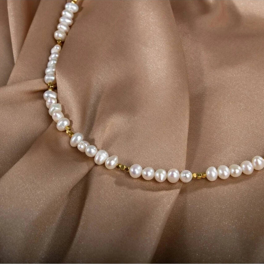 İnci Doğal Taş Altın Kaplama Kapama Kolye - 6