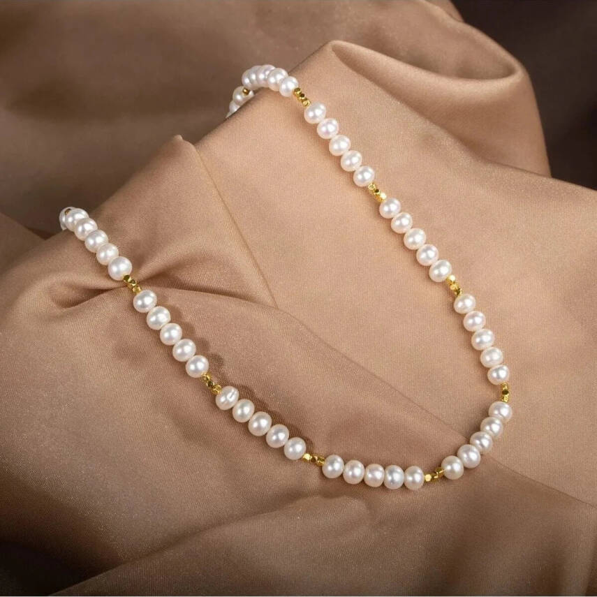 İnci Doğal Taş Altın Kaplama Kapama Kolye - 8