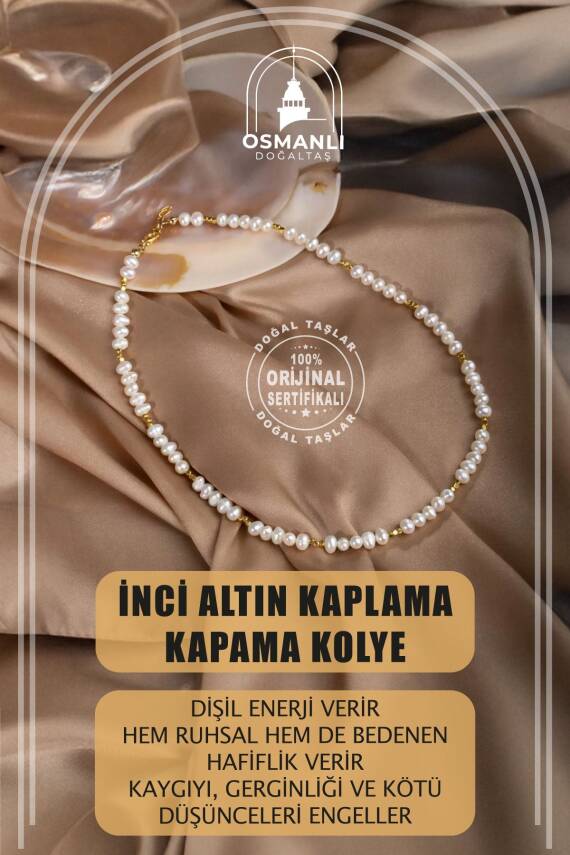 İnci Doğal Taş Altın Kaplama Kapama Kolye - 1