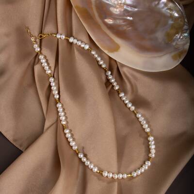 İnci Doğal Taş Altın Kaplama Kapama Kolye - 4