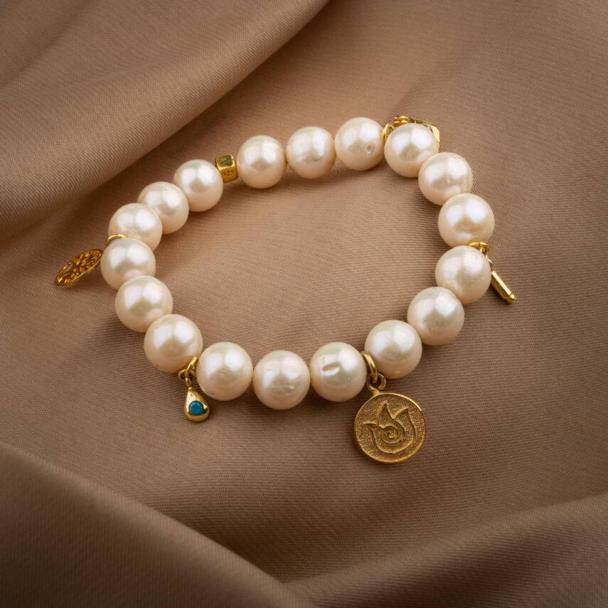 İnci Doğal Taş Gümüş Charm Bileklik - 2