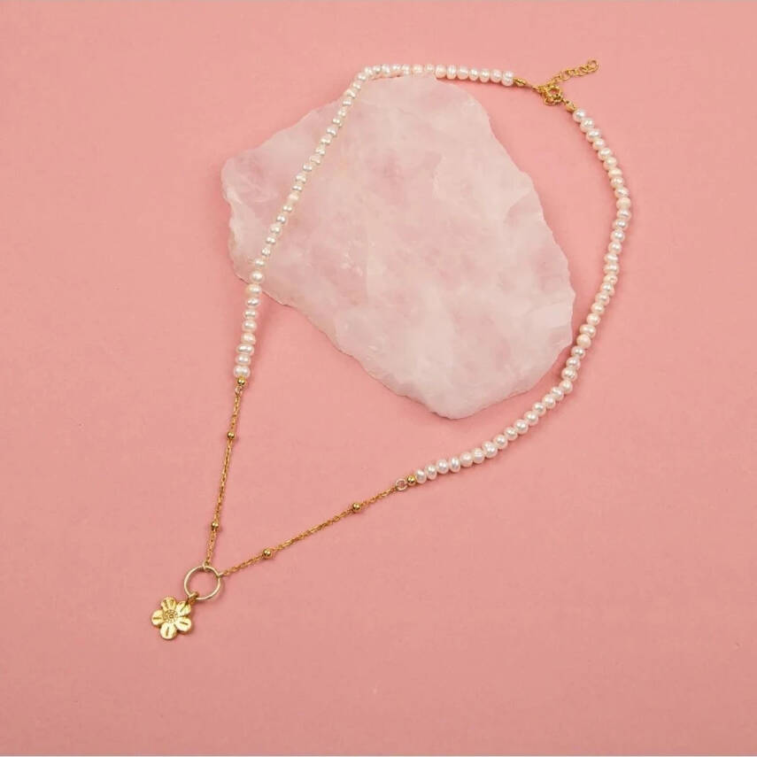 İnci Doğal Taş Gümüş Çiçekli Kolye - 1