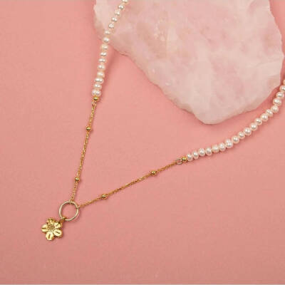 İnci Doğal Taş Gümüş Çiçekli Kolye - 2