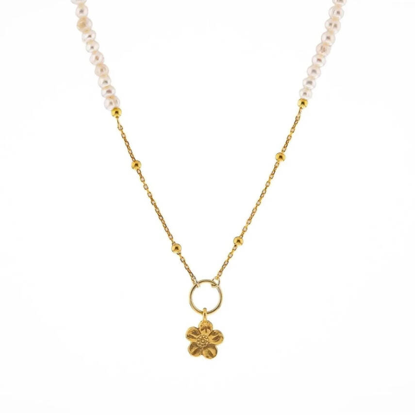 İnci Doğal Taş Gümüş Çiçekli Kolye - 3