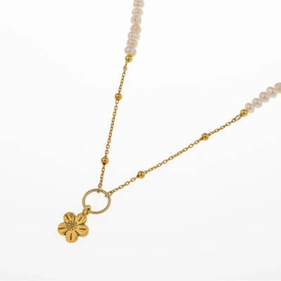 İnci Doğal Taş Gümüş Çiçekli Kolye - 4