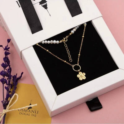 İnci Doğal Taş Gümüş Çiçekli Kolye - 5