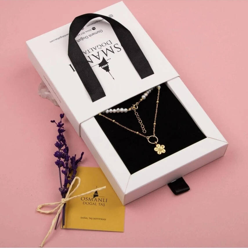 İnci Doğal Taş Gümüş Çiçekli Kolye - 6