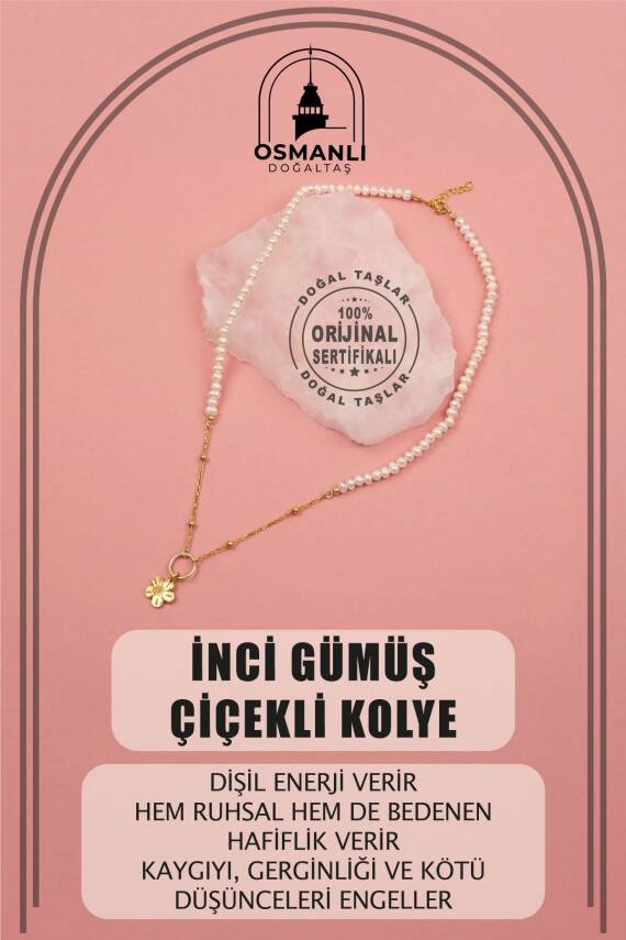 İnci Doğal Taş Gümüş Çiçekli Kolye - 1