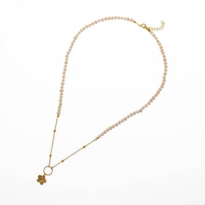 İnci Doğal Taş Gümüş Çiçekli Kolye - 2