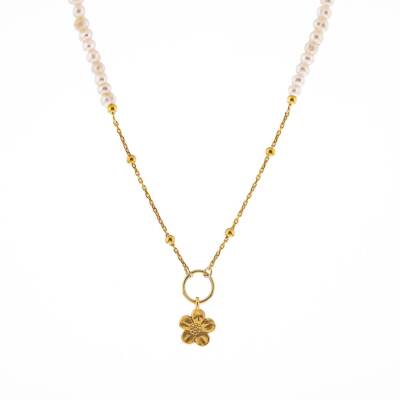 İnci Doğal Taş Gümüş Çiçekli Kolye - 4