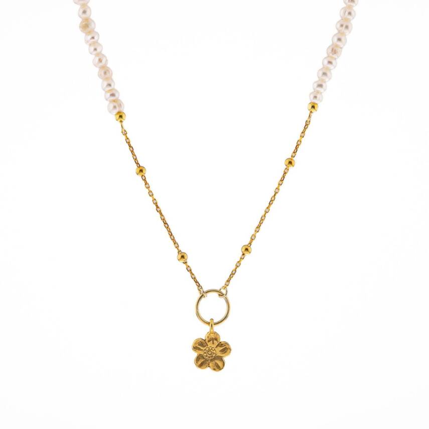 İnci Doğal Taş Gümüş Çiçekli Kolye - 4