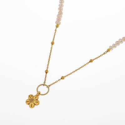 İnci Doğal Taş Gümüş Çiçekli Kolye - 5