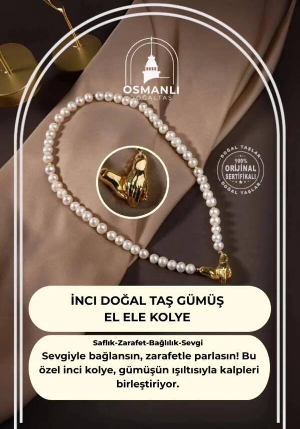 İnci Doğal Taş Gümüş El Ele Kolye - 2