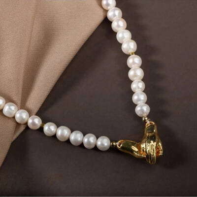 İnci Doğal Taş Gümüş El Ele Kolye - 3