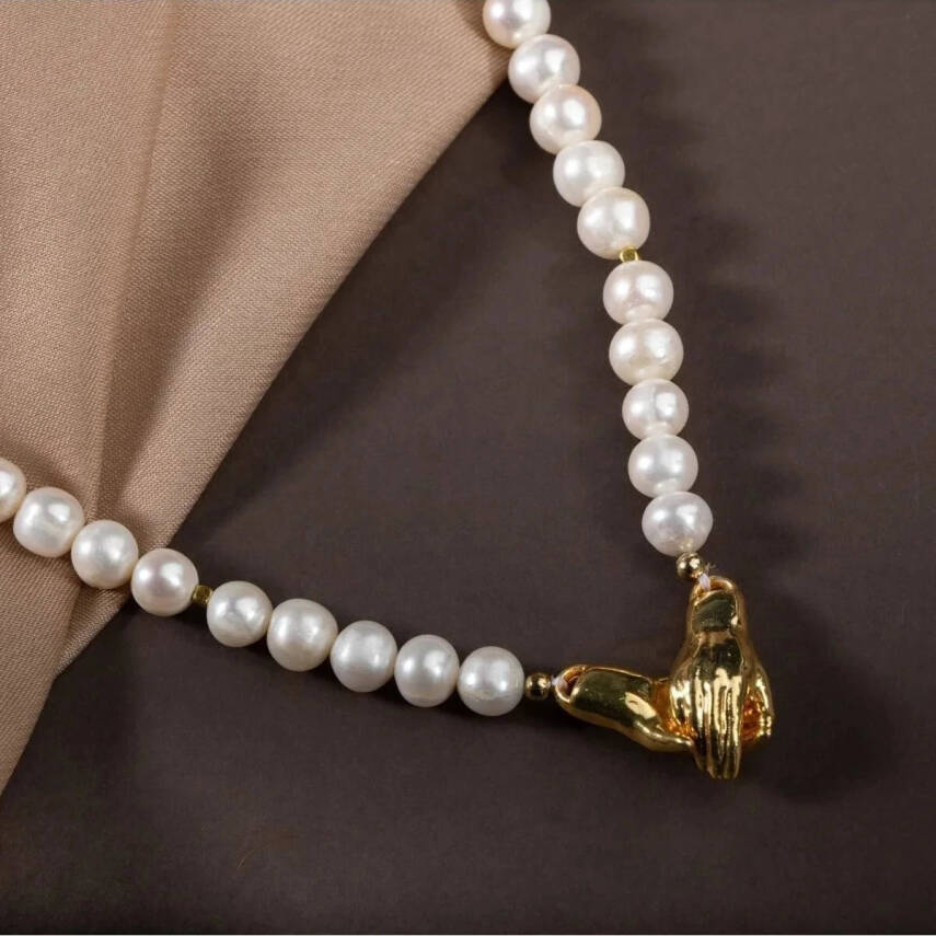 İnci Doğal Taş Gümüş El Ele Kolye - 3