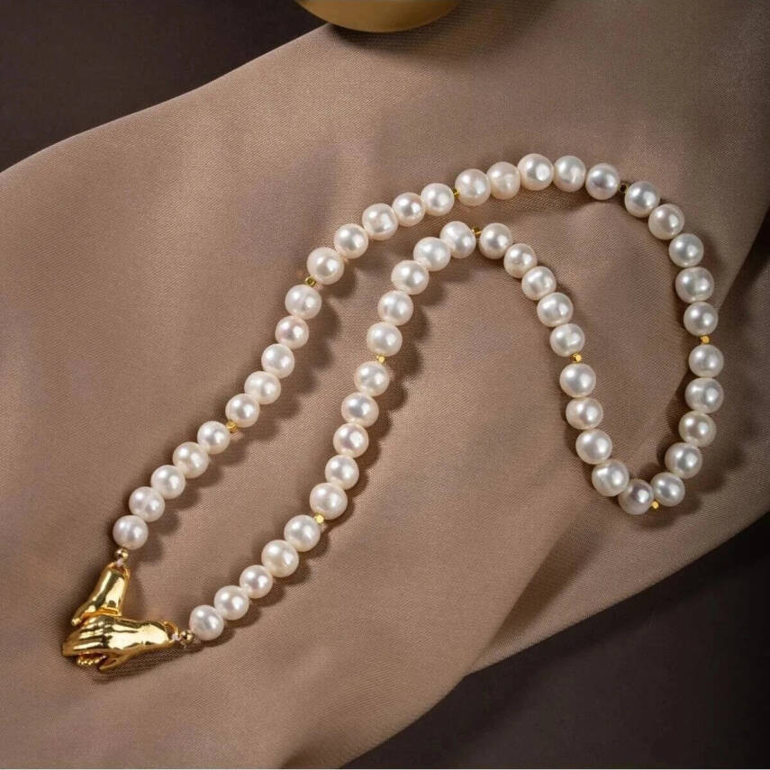 İnci Doğal Taş Gümüş El Ele Kolye - 4