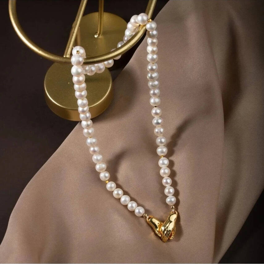 İnci Doğal Taş Gümüş El Ele Kolye - 5