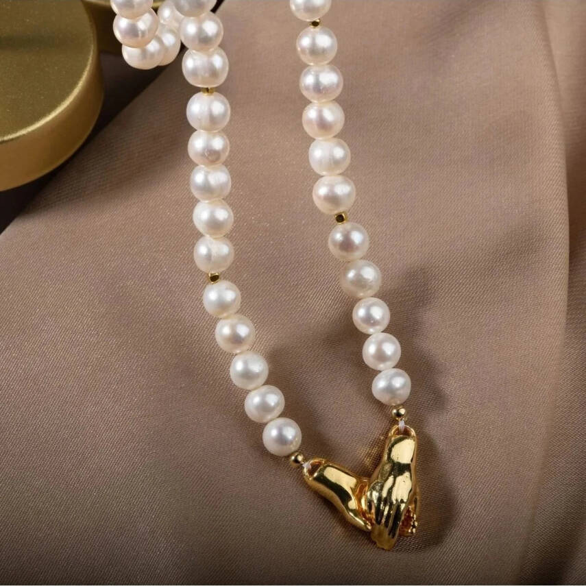 İnci Doğal Taş Gümüş El Ele Kolye - 6