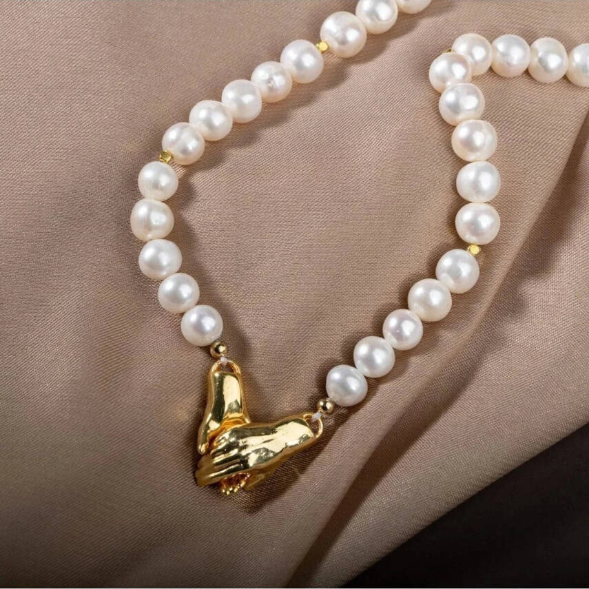 İnci Doğal Taş Gümüş El Ele Kolye - 7