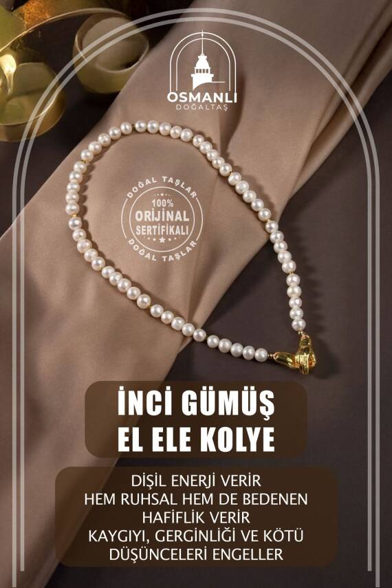 İnci Doğal Taş Gümüş El Ele Kolye - 1