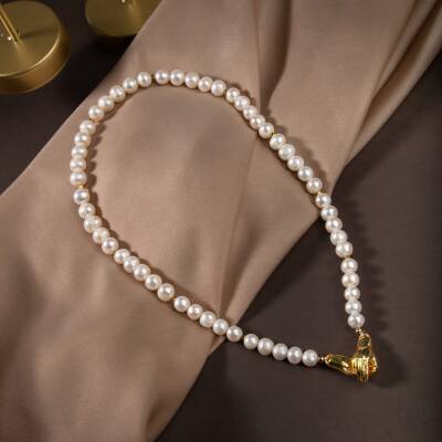 İnci Doğal Taş Gümüş El Ele Kolye - 2