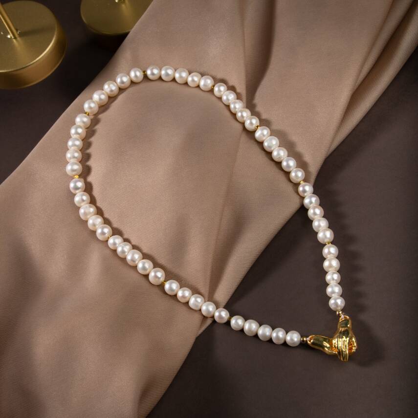 İnci Doğal Taş Gümüş El Ele Kolye - 2