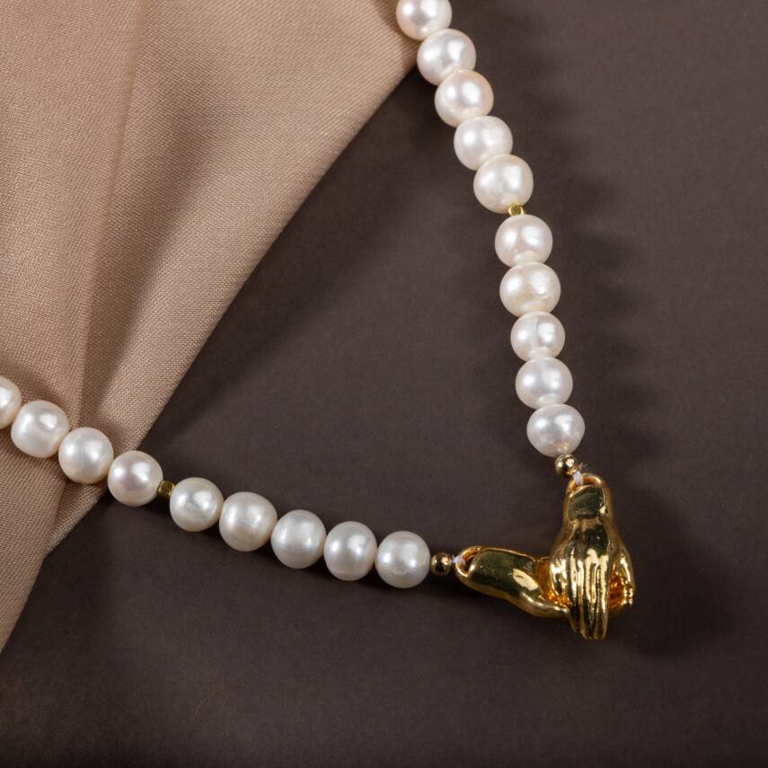 İnci Doğal Taş Gümüş El Ele Kolye - 3