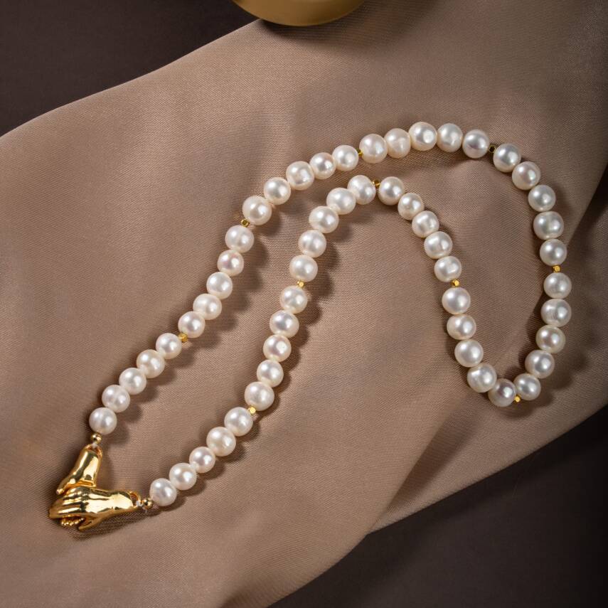 İnci Doğal Taş Gümüş El Ele Kolye - 4