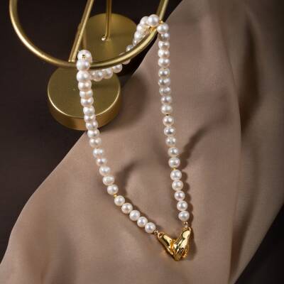 İnci Doğal Taş Gümüş El Ele Kolye - 5