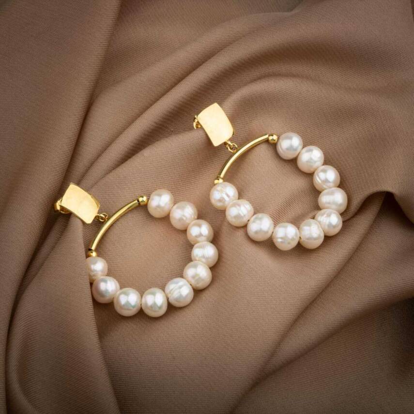 İnci Doğal Taş Gümüş Halka Küpe - 1