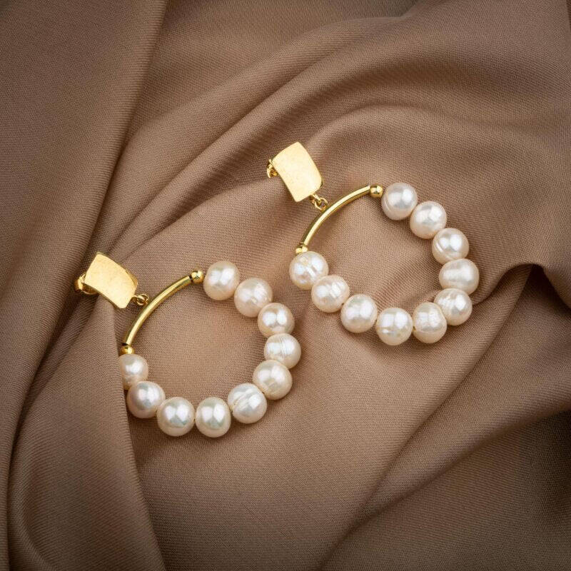 İnci Doğal Taş Gümüş Halka Küpe - 2