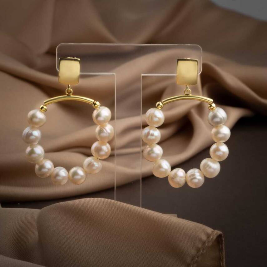 İnci Doğal Taş Gümüş Halka Küpe - 5