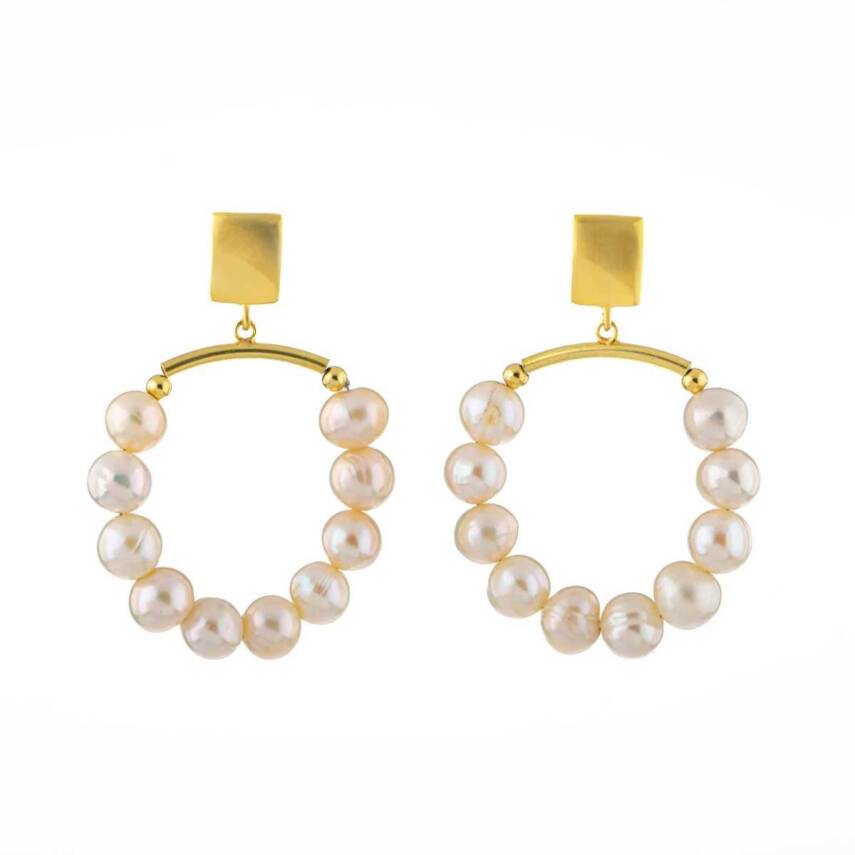 İnci Doğal Taş Gümüş Halka Küpe - 6