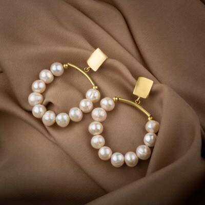 İnci Doğal Taş Gümüş Halka Küpe - 7