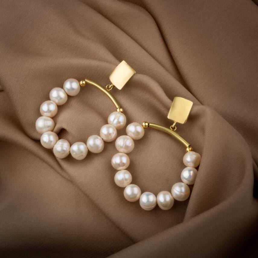 İnci Doğal Taş Gümüş Halka Küpe - 7