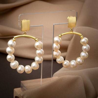 İnci Doğal Taş Gümüş Halka Küpe - 8